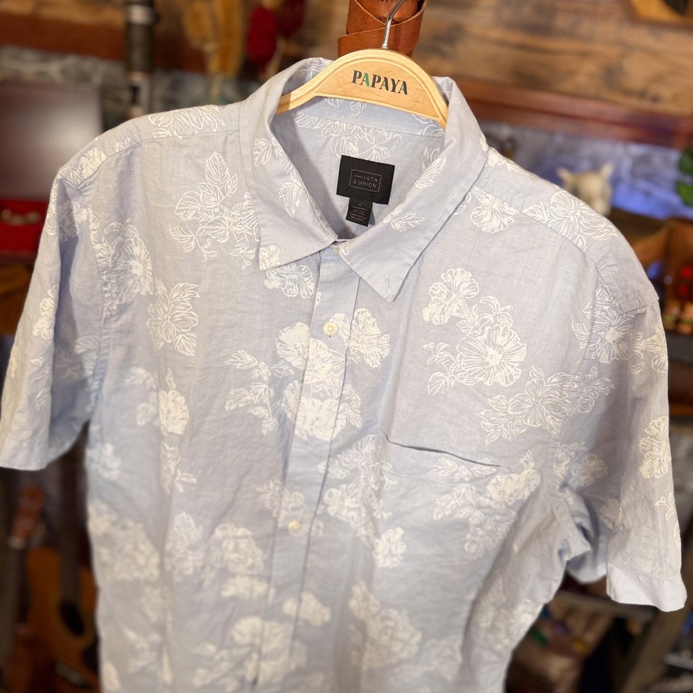 Blue Floral 14th & Union Mens Short Sleeve Button Down Shirt Large Resortwear
